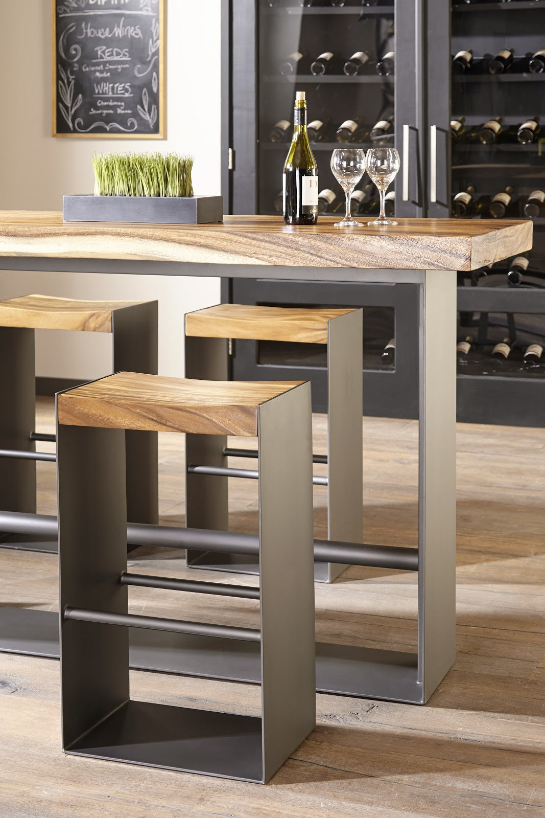 Iron Frame Bar Table, Chamcha Wood, Natural
