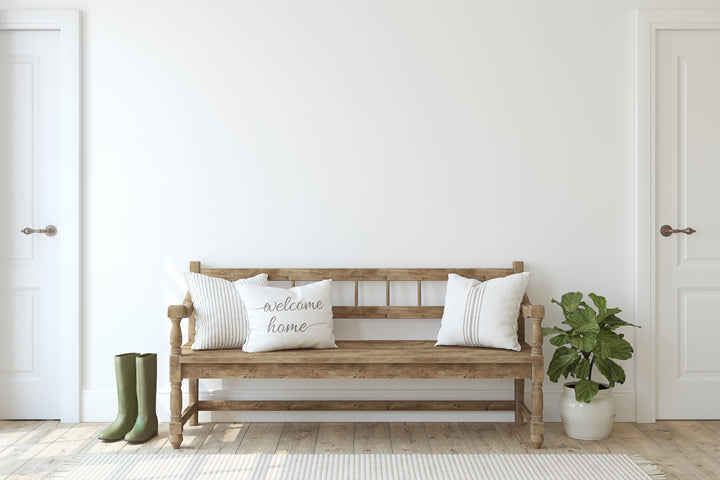 wooden bench with pillows