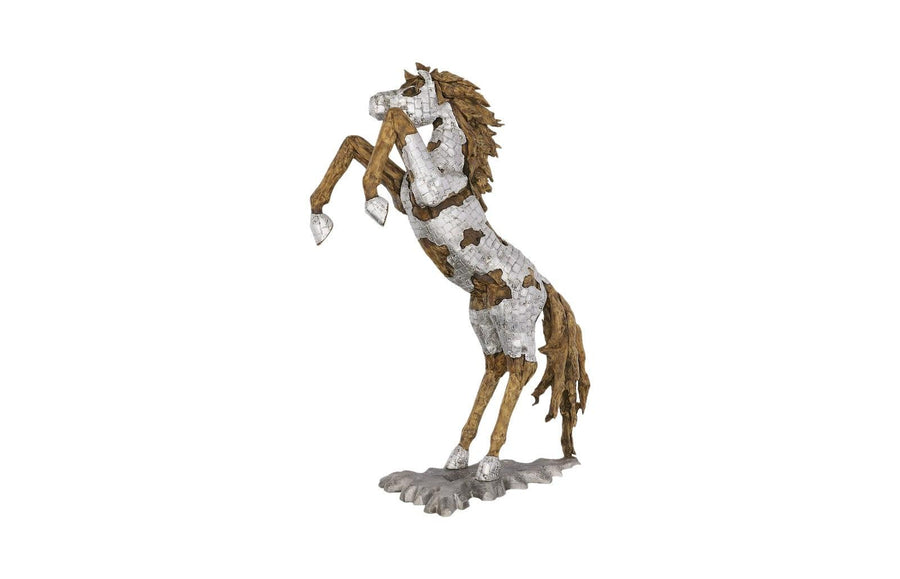 Mustang Horse Armored Sculpture Rearing, Wood Base - Maison Vogue