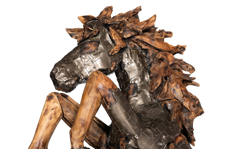 Mustang Horse Armored Sculpture Rearing, Natural Bronze Finish