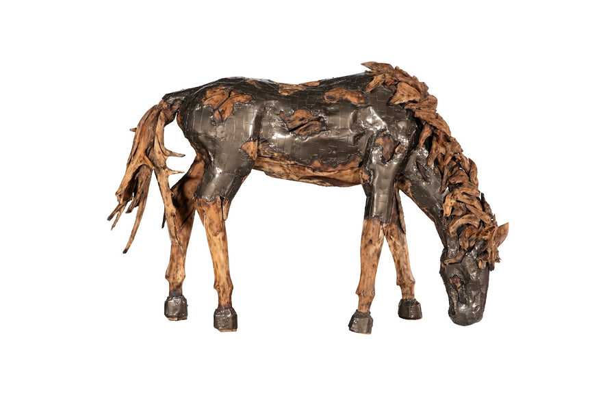 Mustang Horse Armored Sculpture Grazing, Natural Bronze Finish