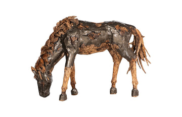 Mustang Horse Armored Sculpture Grazing, Natural Bronze Finish