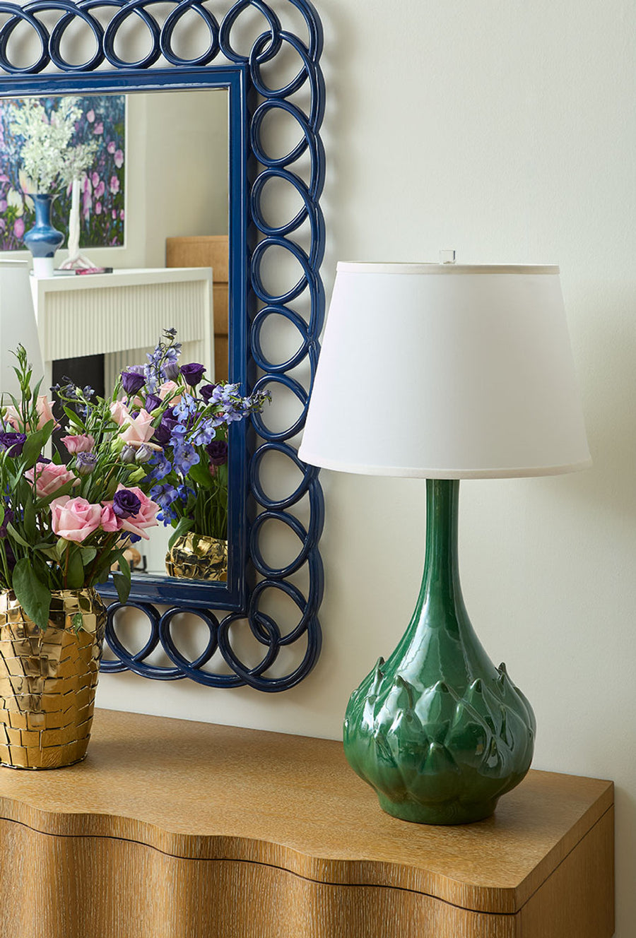 Lotus Lamp with Shade 16-inch White Linen, with Nickel, Sherwood Forest