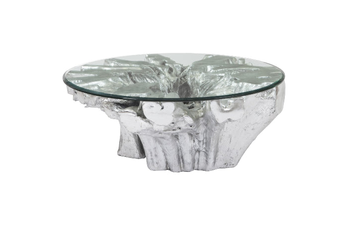 Abyss Cast Root Coffee Table With Glass Silver Leaf