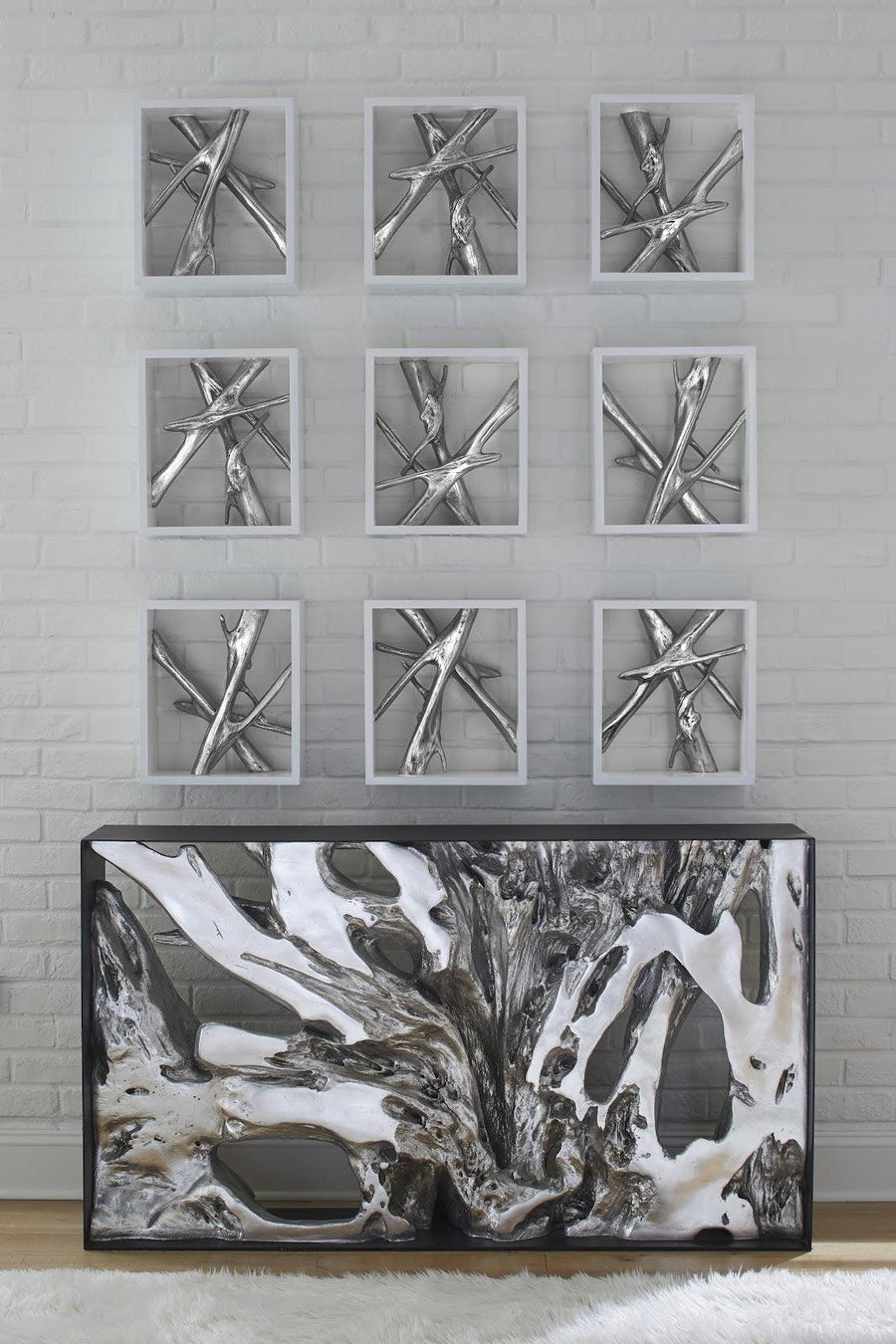 Framed Branches Wall Tile White, Silver Leaf - Maison Vogue