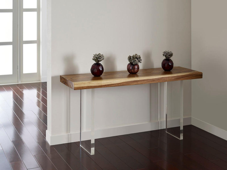 Floating Chamcha Wood Console Table, Acrylic Legs - Maison Vogue