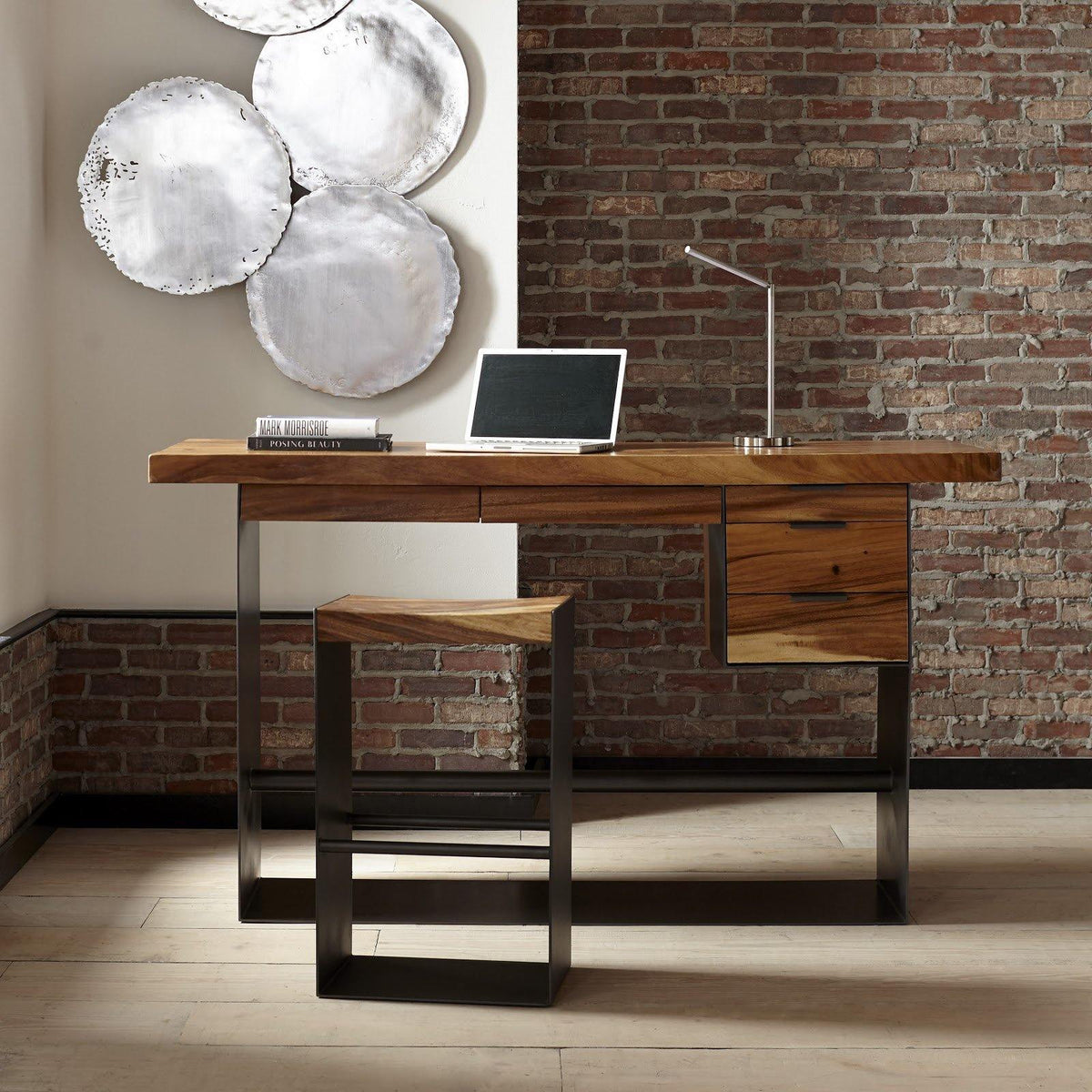 Iron Frame Standing Desk with Drawers Chamcha Wood, Natural, Bar Height - Maison Vogue