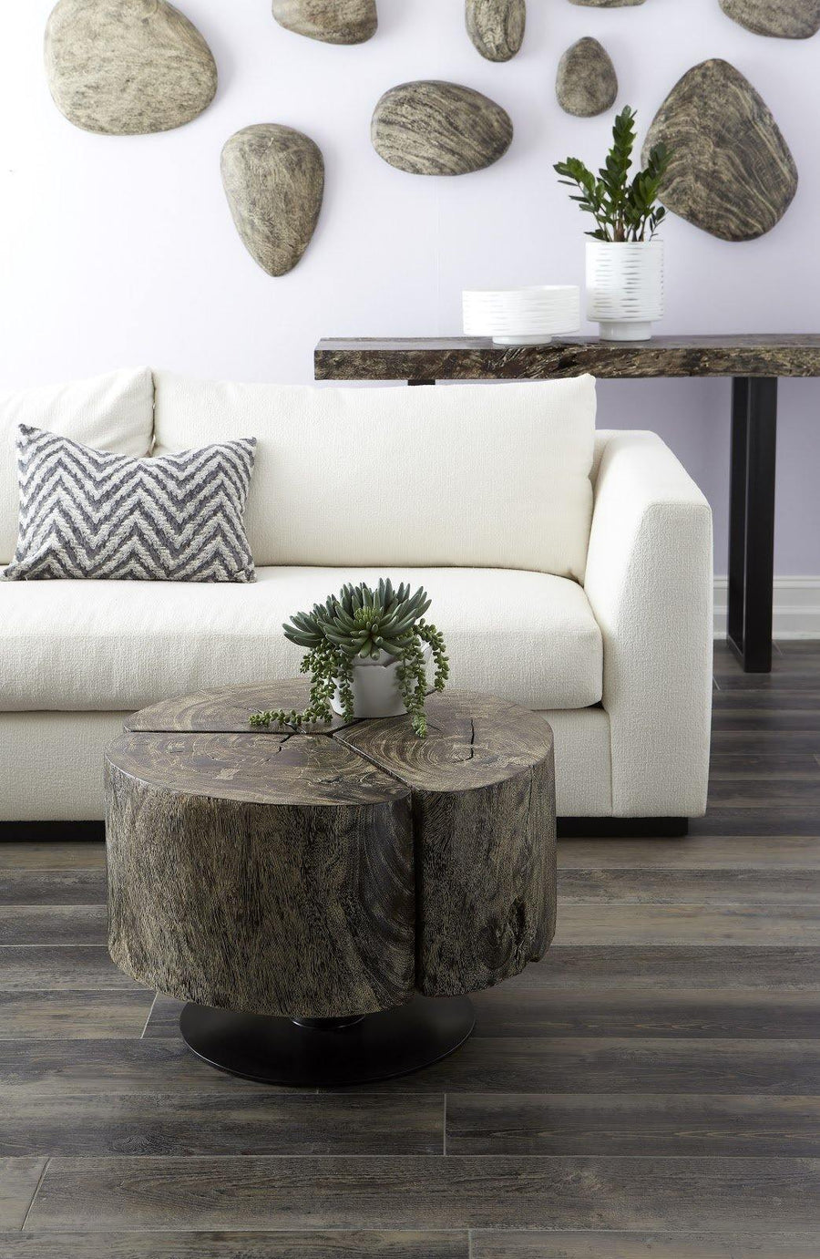 Clover Coffee Table Chamcha Wood, Grey Stone Finish, Metal Base - Maison Vogue