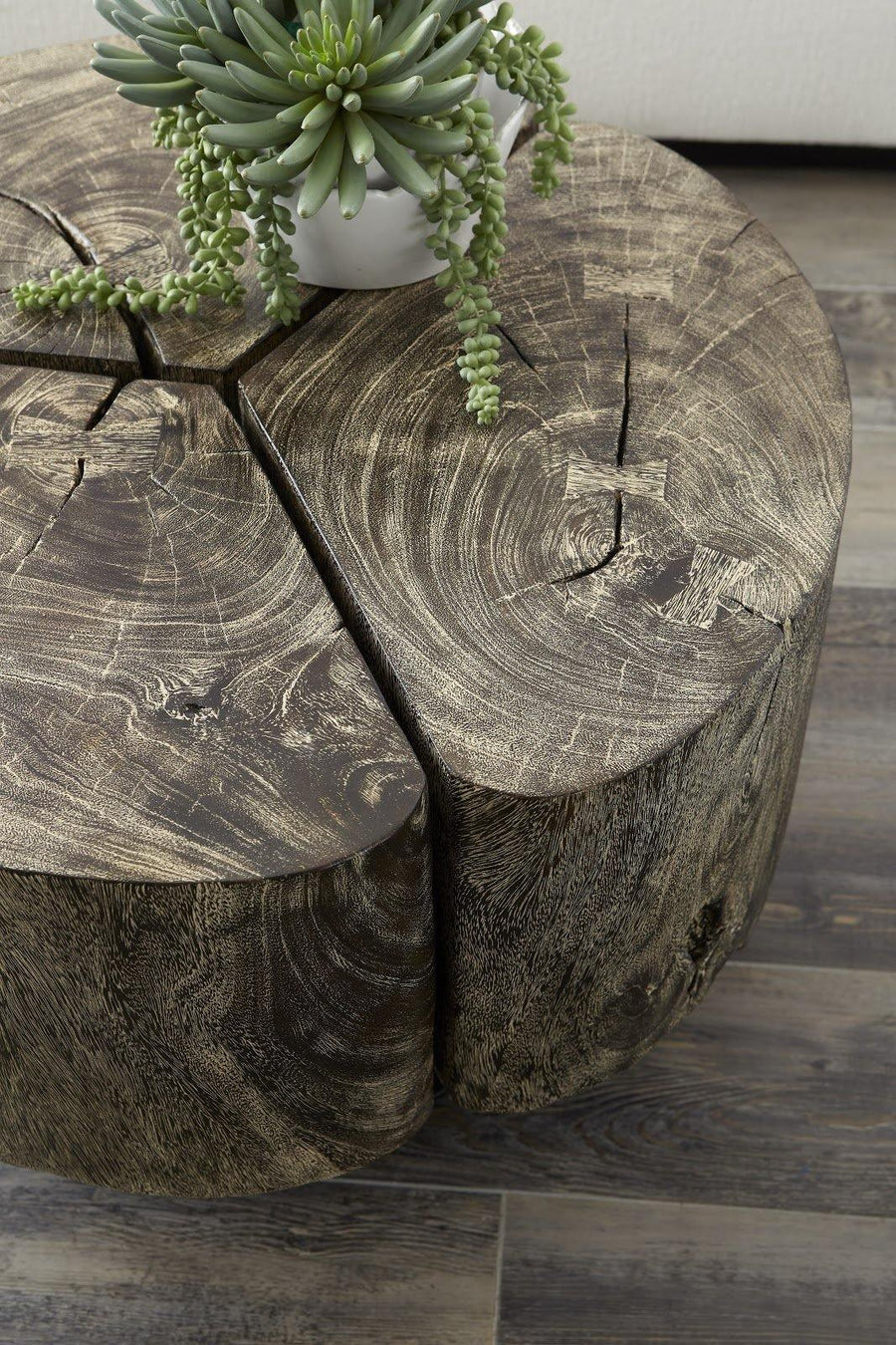 Clover Coffee Table Chamcha Wood, Grey Stone Finish, Metal Base - Maison Vogue