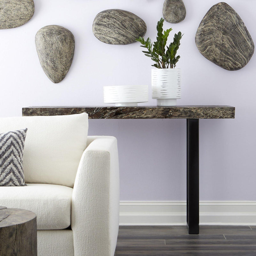 Chamcha Wood Console Table Metal U Legs, Gray Stone Finish - Maison Vogue