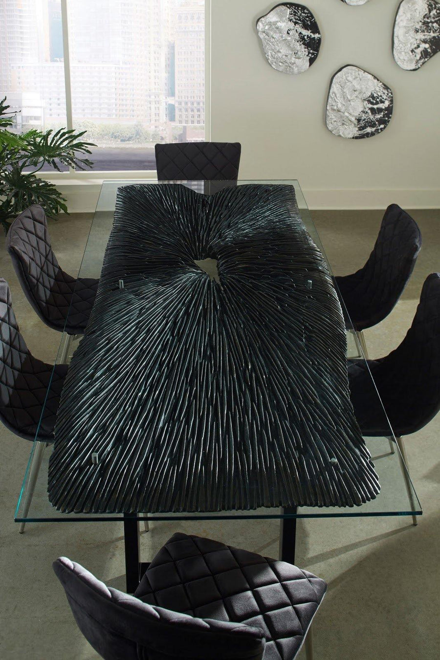 Chainsaw Dining Table with Glass Chamcha Wood, Burnt Black, Black Iron U Legs - Maison Vogue