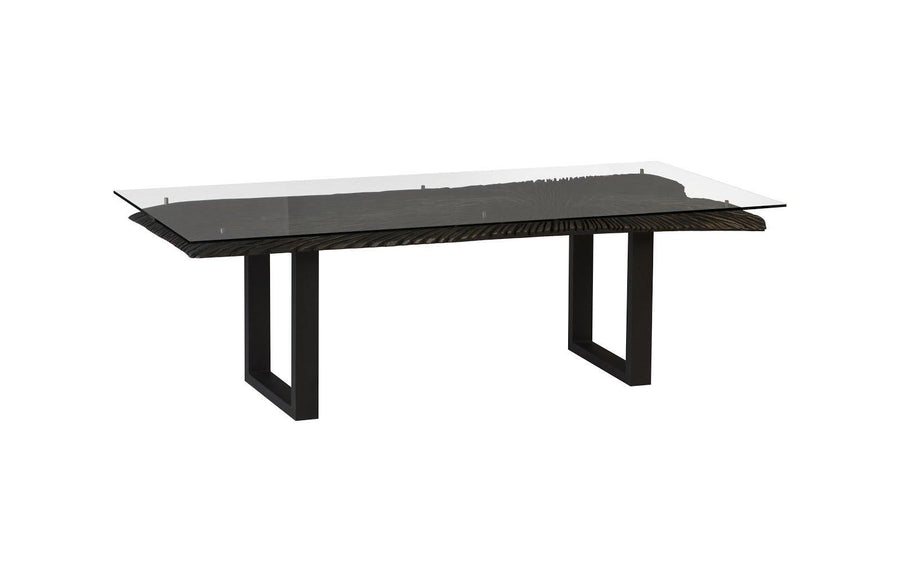 Chainsaw Dining Table with Glass Chamcha Wood, Burnt Black, Black Iron U Legs - Maison Vogue